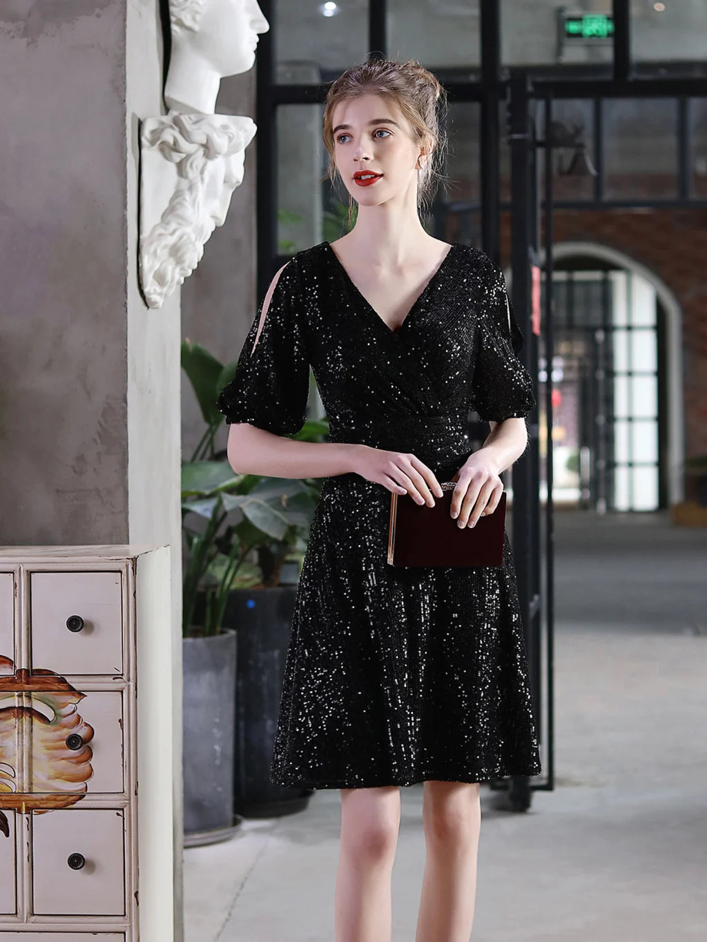 V-NECK SHORT SLEEVE SEQUINS PARTY DRESS Pencil Length Work
