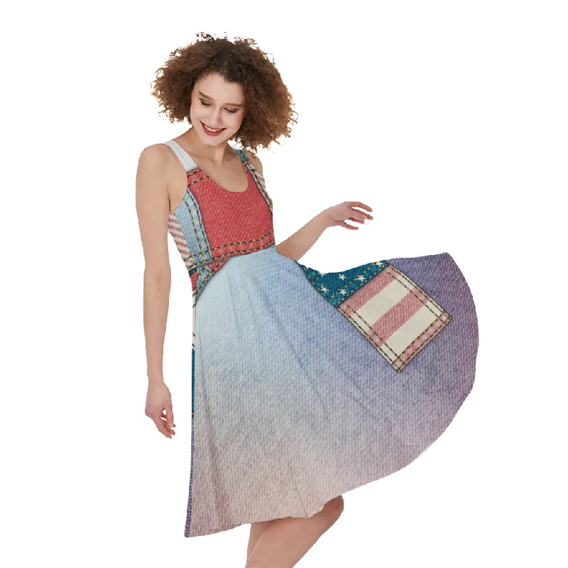 4th of July USA Denim Patchwork Print Sleeveless Knee Length Dress Tunics Practical durable 4th of July USA Denim Patchwork Print Sleeveless Knee Length Dress Tunics Practical durable