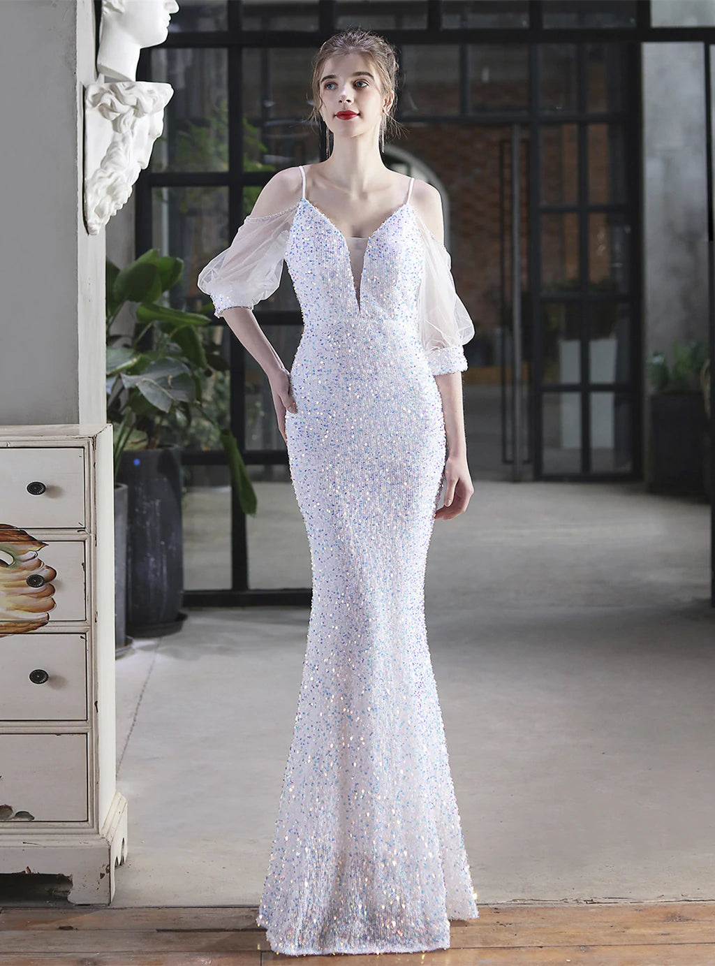 MERMAID STRAPS SEQUINS SHORT SLEEVE PARTY DRESS Tunics Prom sequined