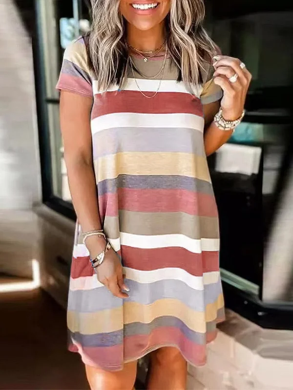Stylish Striped Print Short Sleeve Mini Dress Casual V-Neck Mini Dress