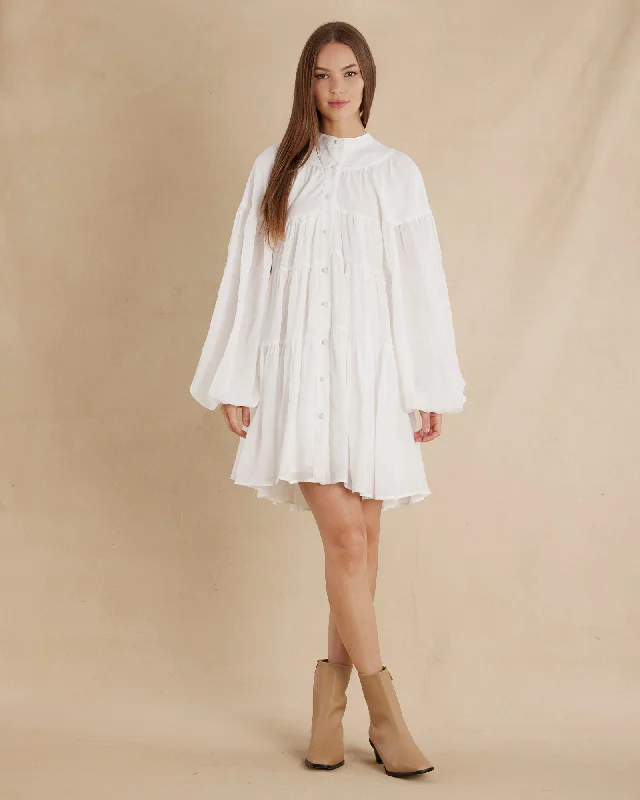 Isabelle Ramie Tiered Mini Dress - White Casual V-Neck Mini Dress