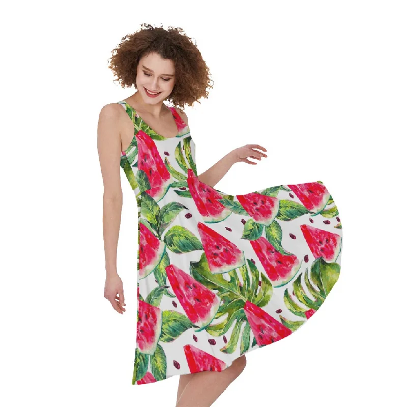 White Tropical Watermelon Pattern Print Sleeveless Knee Length Dress Tunics Office stylish White Tropical Watermelon Pattern Print Sleeveless Knee Length Dress Tunics Office stylish