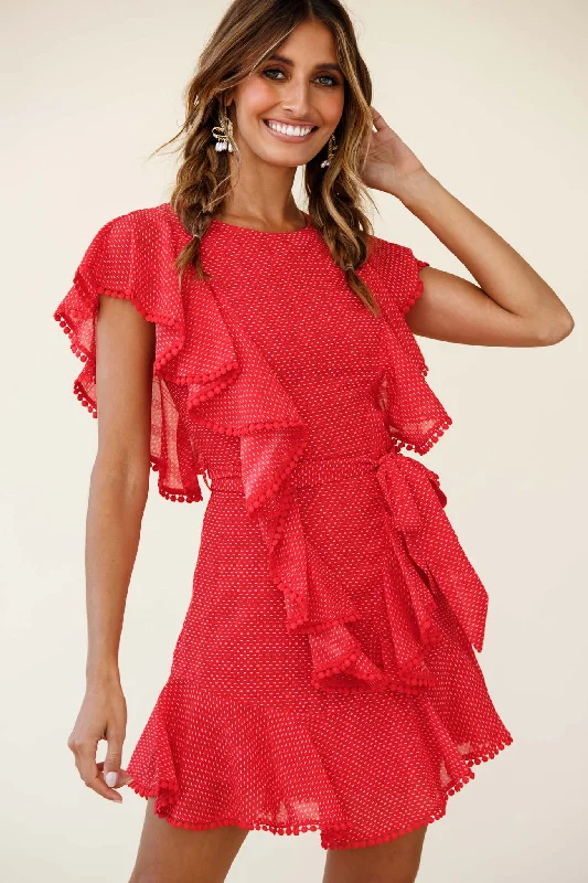Deandra Ruffle Insert Waist Tie Dress Dash Pattern Red Tunics Spring floral