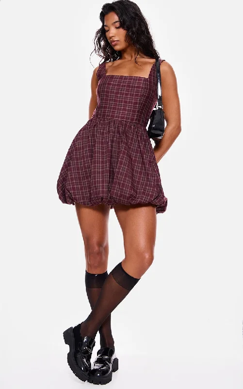 Burgundy Check Puffball Dress Boat Neckline Classic