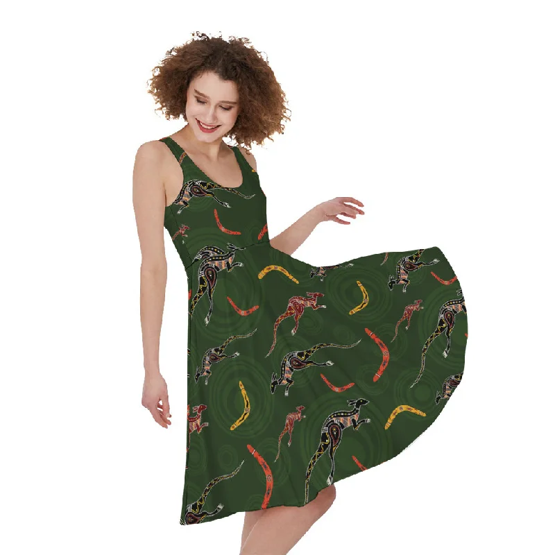 Aboriginal Boomerang And Kangaroo Print Sleeveless Knee Length Dress Tunics Denim casual