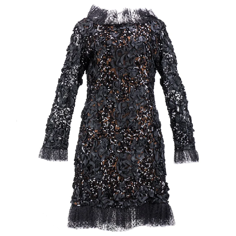 Saint Laurent 1980's Lacey Black Ribbon & Sequin Party Dress Sequined Elegant Party