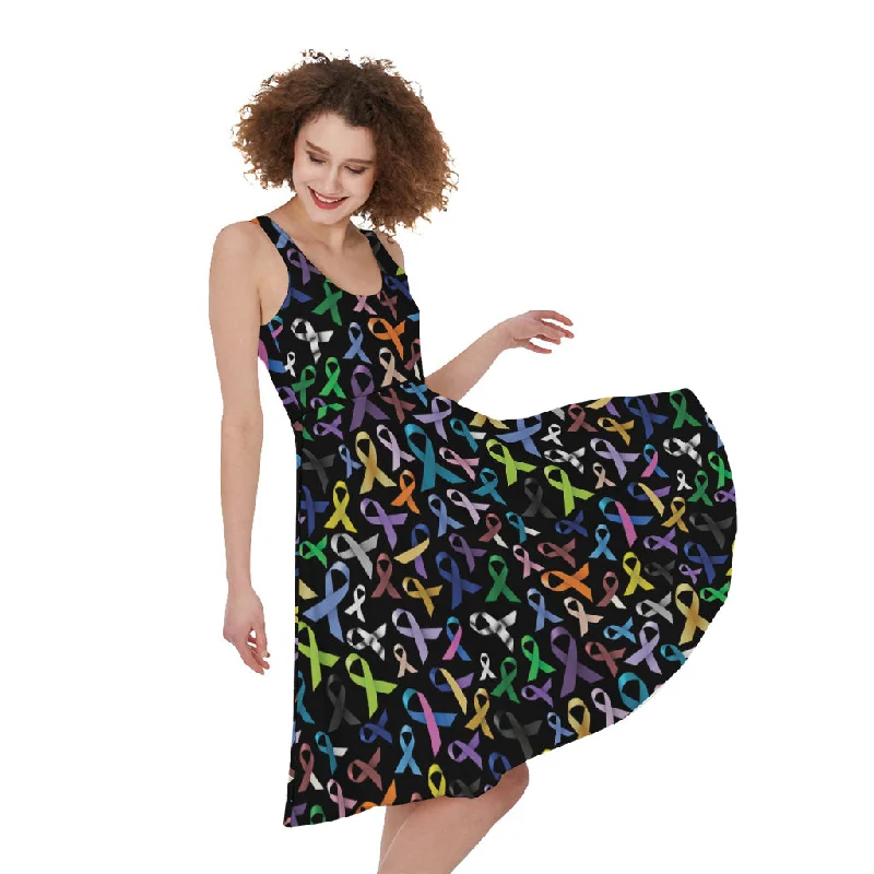 All Cancer Awareness Pattern Print Sleeveless Knee Length Dress Tunics Denim casual