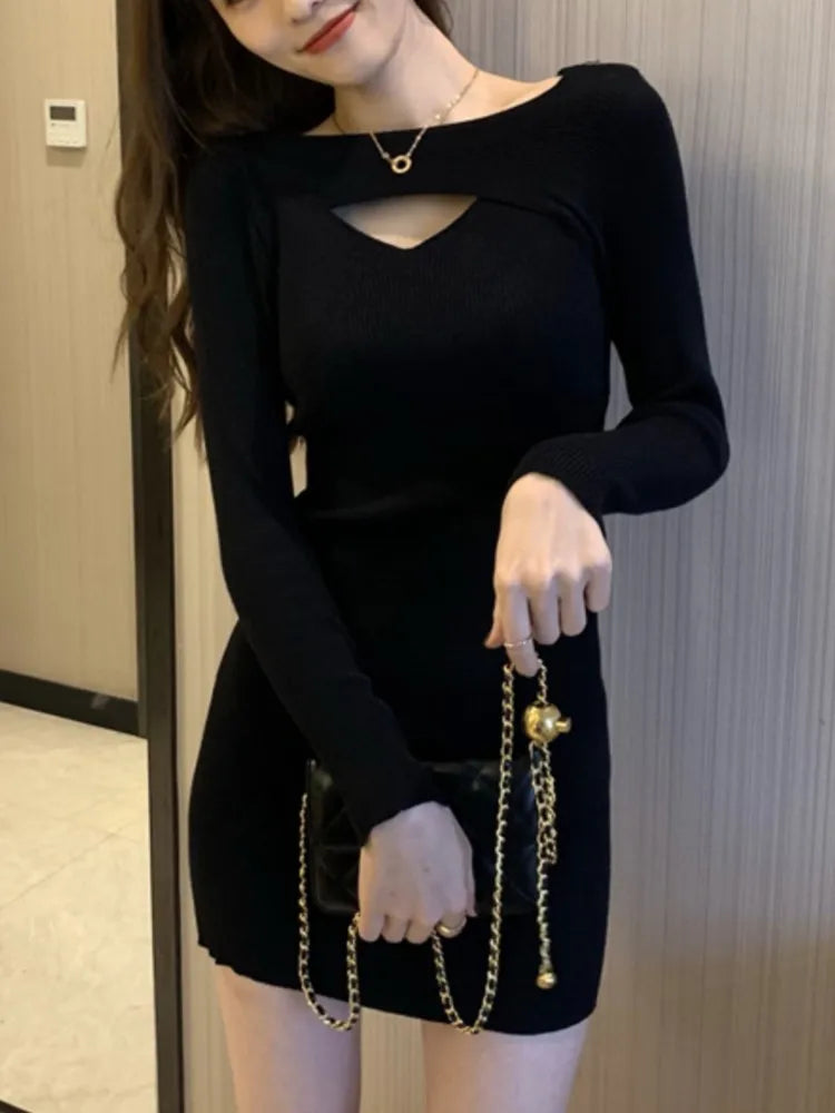 Autumn Hollow Out Knitted Dresses for Women Long Sleeve Solid Bodycon Casual Mini Dress Korean Fashion Vestidos Mujer Knitwear Cozy Wraparound Mini Dress