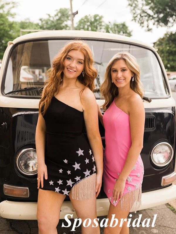 One Shoulder Sheath Mini Dresses/ Homecoming Dresses With Star Accessories, PD3564 Elegant Silk Mini Dress One Shoulder Sheath Mini Dresses/ Homecoming Dresses With Star Accessories, PD3564 Elegant Silk Mini Dress