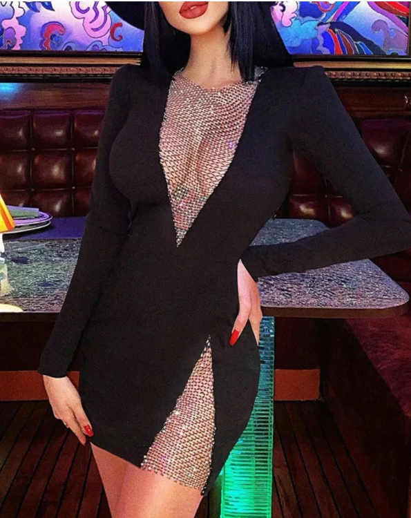 Women Long Sleeve Sexy Skinny Hollow-out Bodycon Party Dress Cowl Neckline Elegant