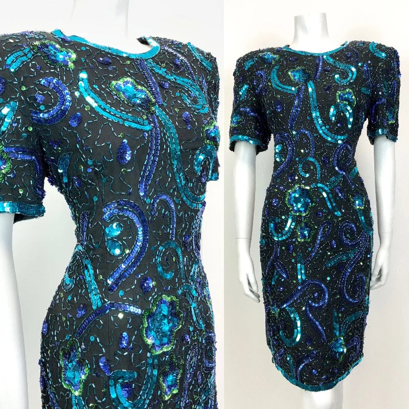 VTG 70s 80s BLACK BLUE GREEN VINE FLORAL SEQUIN DISCO STUDIO 54 PARTY DRESS 14 Tunics Canvas sturdy VTG 70s 80s BLACK BLUE GREEN VINE FLORAL SEQUIN DISCO STUDIO 54 PARTY DRESS 14 Tunics Canvas sturdy