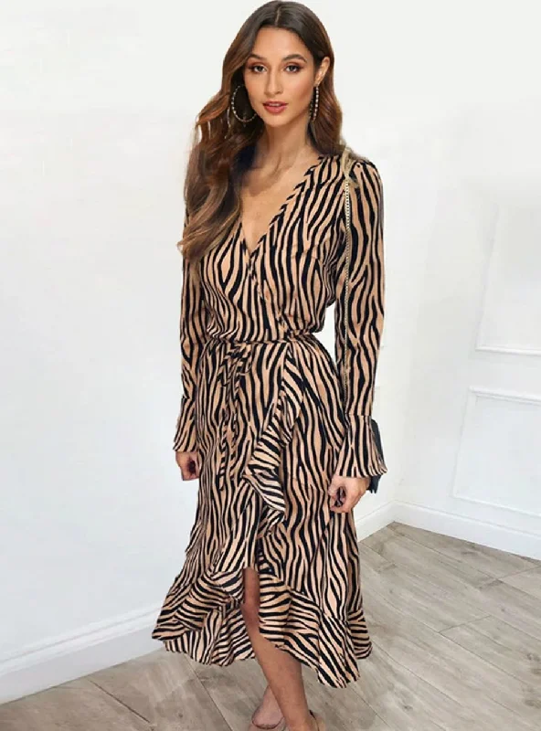 CASUAL LONG SLEEVE V NECK RUFFLES ELEGANT PARTY DRESS High-Low Hemline Casual