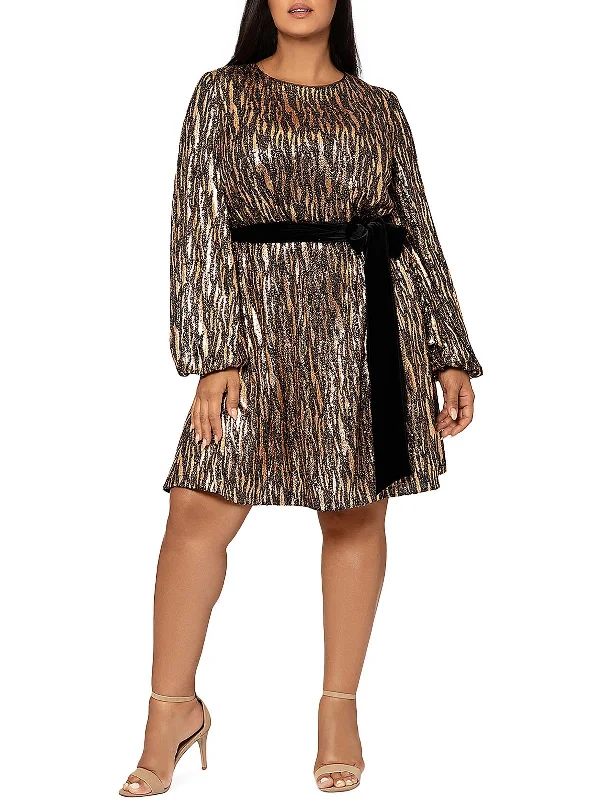 Plus Womens Metallic Knee-Length Cocktail And Party Dress Tunics Summer linen