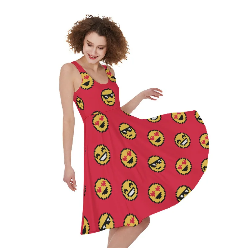 8-Bit Emoji Pattern Print Sleeveless Knee Length Dress Tunics Essential wardrobe