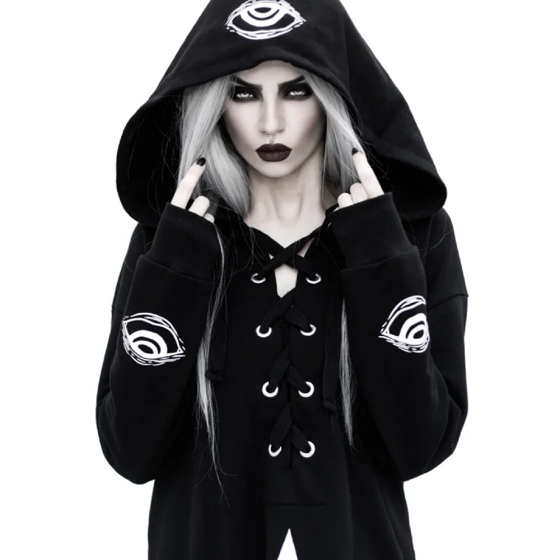 Shaman's Eye Oversized Jumper Hoodie |  Unisex Lace-up Black Cotton Hoodie with Drop Shoulder Relaxed Streetwear