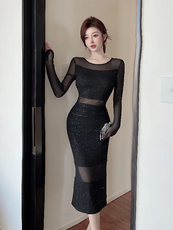 Long-Sleeve Black Glitter Party Dress with Sheer Overlay Tunics Polka dots