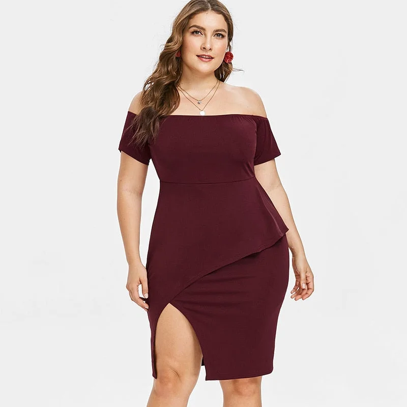Rosegal Plus Size Off Shoulder Peplum Pencil Dress Women Short Sleeves Bodycon Dress Party Dresses 2019 Fashion Ladies Clothes Tunics Bridal satin