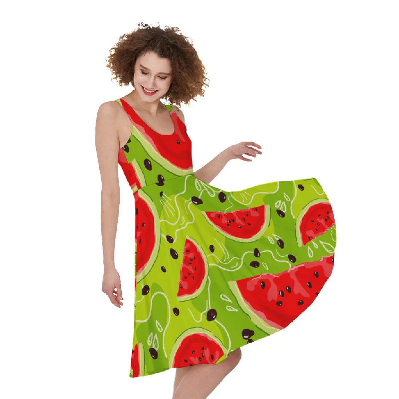 Yummy Watermelon Pieces Pattern Print Sleeveless Knee Length Dress Tunics Luxurious high-end Yummy Watermelon Pieces Pattern Print Sleeveless Knee Length Dress Tunics Luxurious high-end