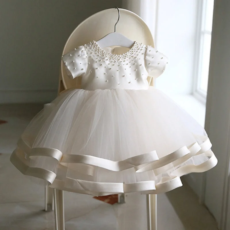 Baptism Dresses Baby Girl Summer White Bead Puffy Mesh Birthday Party Dress Crew Neckline Sporty Baptism Dresses Baby Girl Summer White Bead Puffy Mesh Birthday Party Dress Crew Neckline Sporty