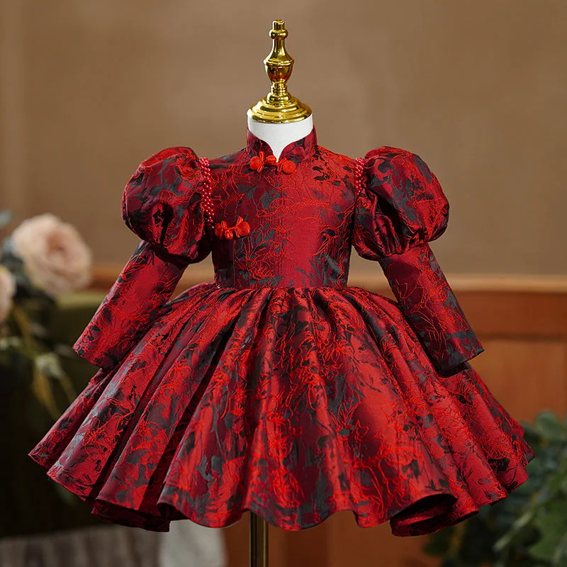 Girl Christmas Dress Baby Girl Dress Flower Girl Dress Autumn Elegant Red Embroidery Long Sleeve Princess Party Dress Crew Neckline Casual