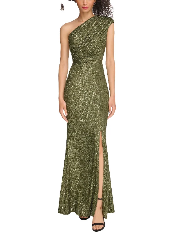 Petites Womens Sequined One Shoulder Evening Dress Tunics Wedding white