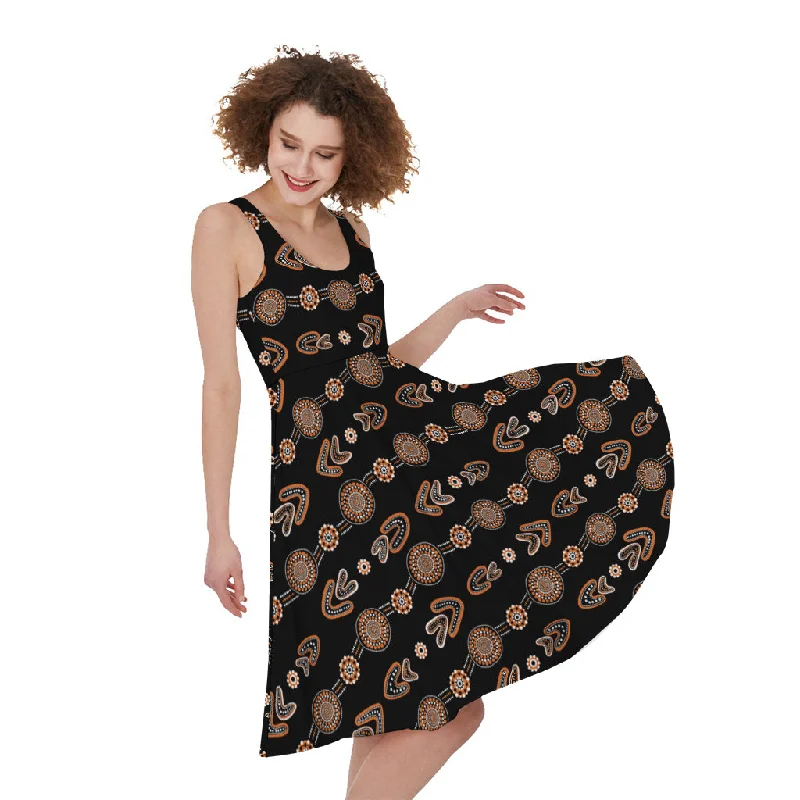 Aboriginal Boomerang Pattern Print Sleeveless Knee Length Dress Tunics Fleece cozy