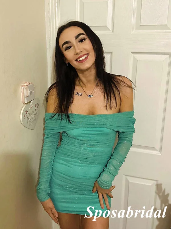 Sexy Shiny Tulle Off Shoulder Long Sleeves Sheath Mini Dresses/ Homecoming Dresses, PD3637 Chic Tropical Mini Dress Sexy Shiny Tulle Off Shoulder Long Sleeves Sheath Mini Dresses/ Homecoming Dresses, PD3637 Chic Tropical Mini Dress