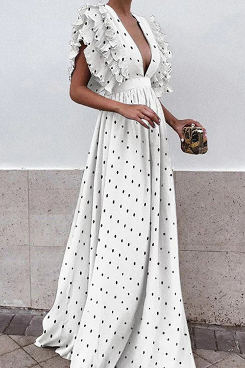 Polkdot Long Ruffles High Waist Party Dress Tunics Brand named
