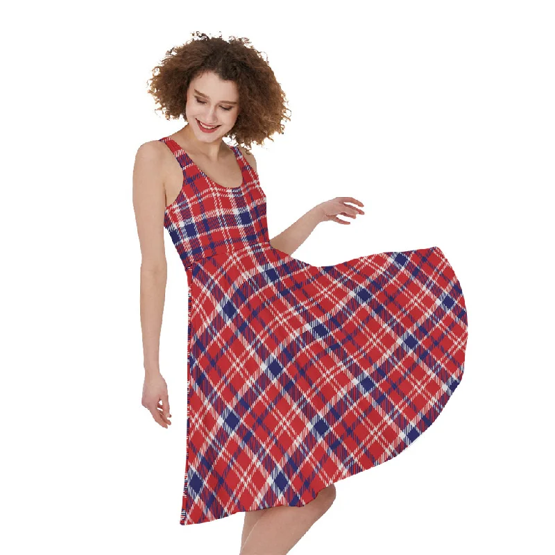 4th of July American Plaid Print Sleeveless Knee Length Dress Tunics Stylish modern