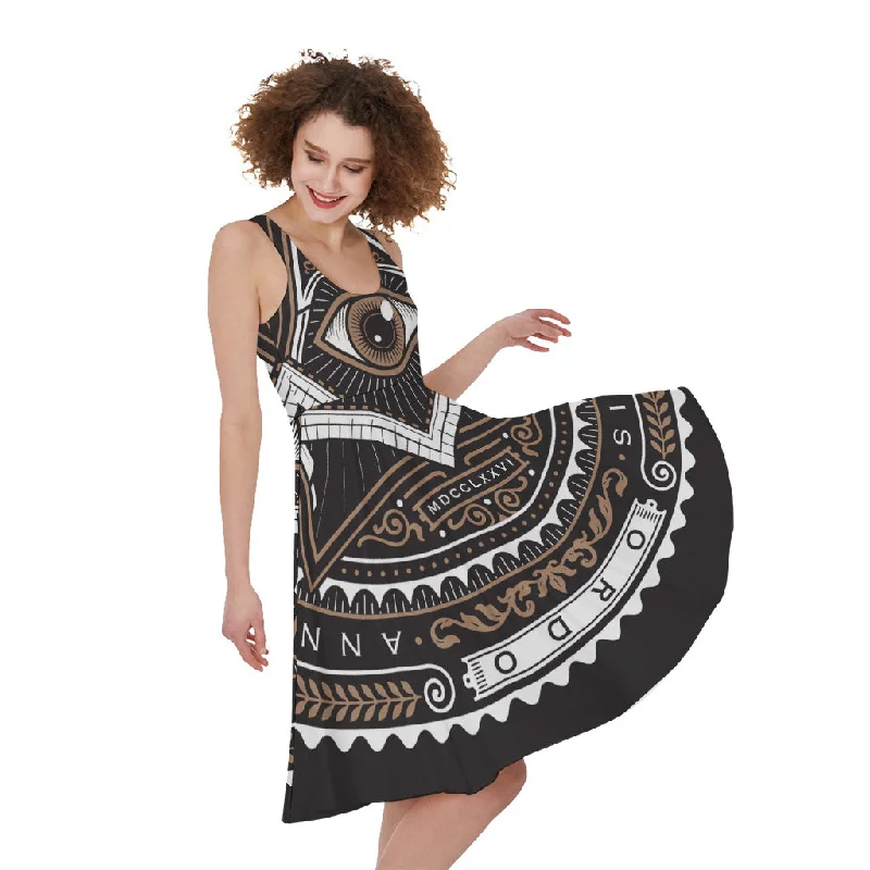 All Seeing Eye Symbol Print Sleeveless Knee Length Dress Tunics Velvet soft