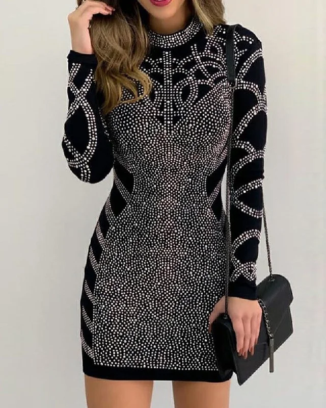 Long Sleeve High Neck Rhinestone Party Dress Tunics Luxurious high-end