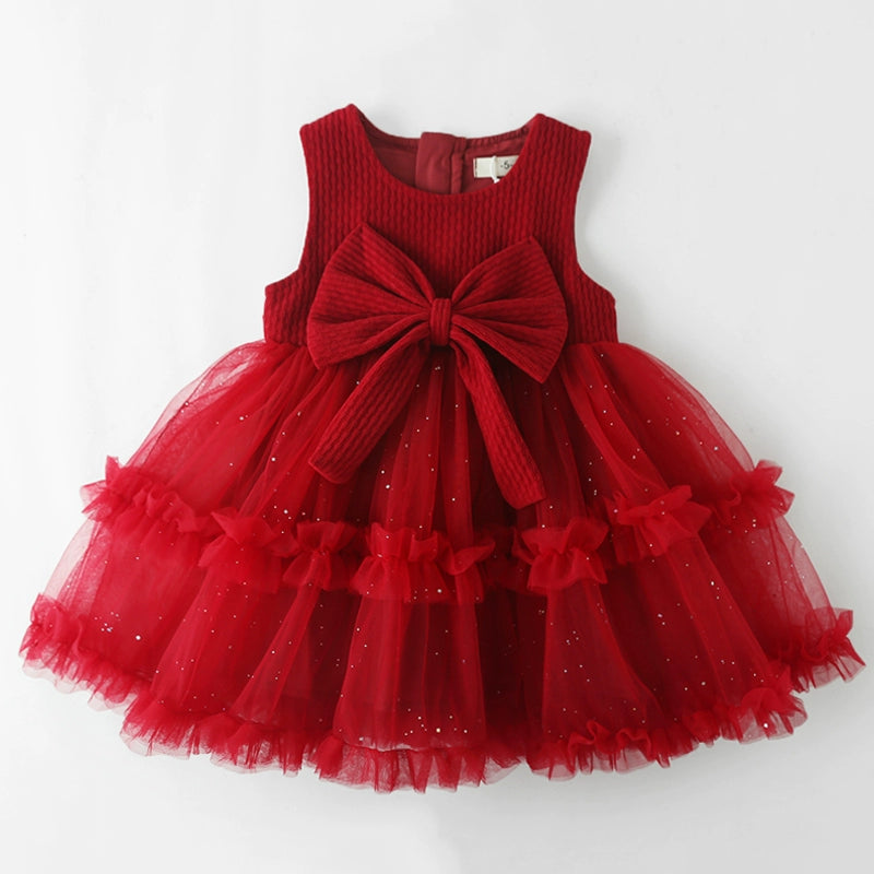 Girls Red Bow Vest Dress Baby Birthday Princess Dress Bodycon Club Sequined