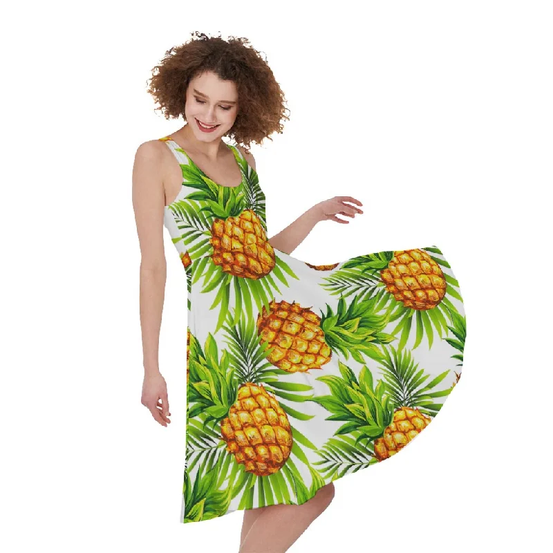 White Tropical Pineapple Pattern Print Sleeveless Knee Length Dress Tunics Party sparkling White Tropical Pineapple Pattern Print Sleeveless Knee Length Dress Tunics Party sparkling