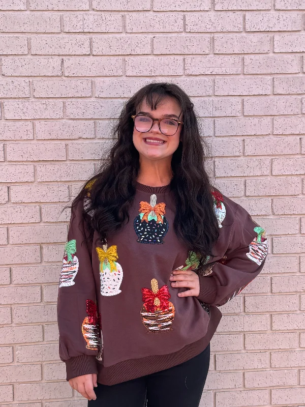 BROWN CANDY APPLE SWEATSHIRT Hoodie with Applique Textured Unique
