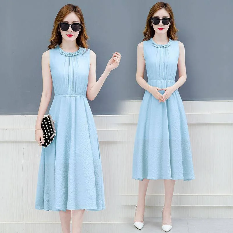 Womens Dress Summer Solid Color Pleated Chiffon Sleeveless Elasticated Belted Party Dress Womens Tunics Office stylish Womens Dress Summer Solid Color Pleated Chiffon Sleeveless Elasticated Belted Party Dress Womens Tunics Office stylish