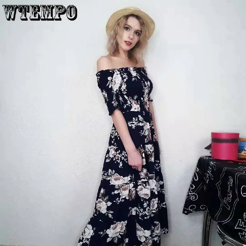 Woman Sexy One-shoulder Dress Long Retro Floral Elastic High-waist Dress Off-shoulder Party Dress Satin Halter Glamorous Woman Sexy One-shoulder Dress Long Retro Floral Elastic High-waist Dress Off-shoulder Party Dress Satin Halter Glamorous