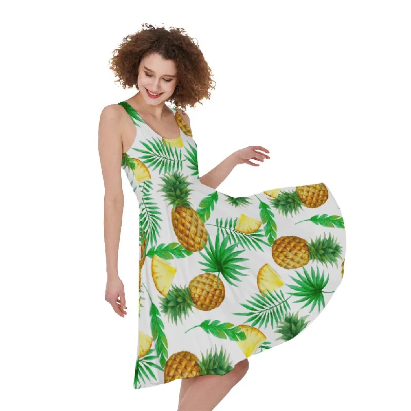 White Watercolor Pineapple Pattern Print Sleeveless Knee Length Dress Tunics Travel practical White Watercolor Pineapple Pattern Print Sleeveless Knee Length Dress Tunics Travel practical
