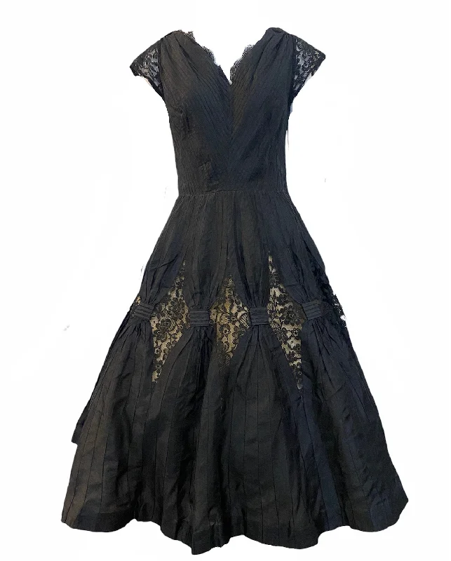 50s Charles Glueck Black Silk Taffeta Party Dress with Lacy Detail Tunics Occasion special 50s Charles Glueck Black Silk Taffeta Party Dress with Lacy Detail Tunics Occasion special