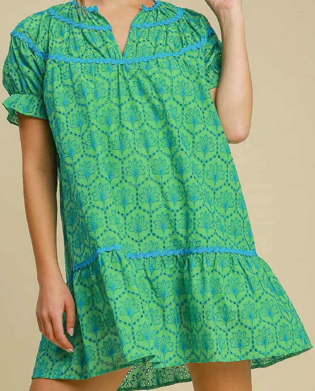 Eyelet Mini Dress with Ric Rac Trim Stylish Puff Sleeve Mini Dress