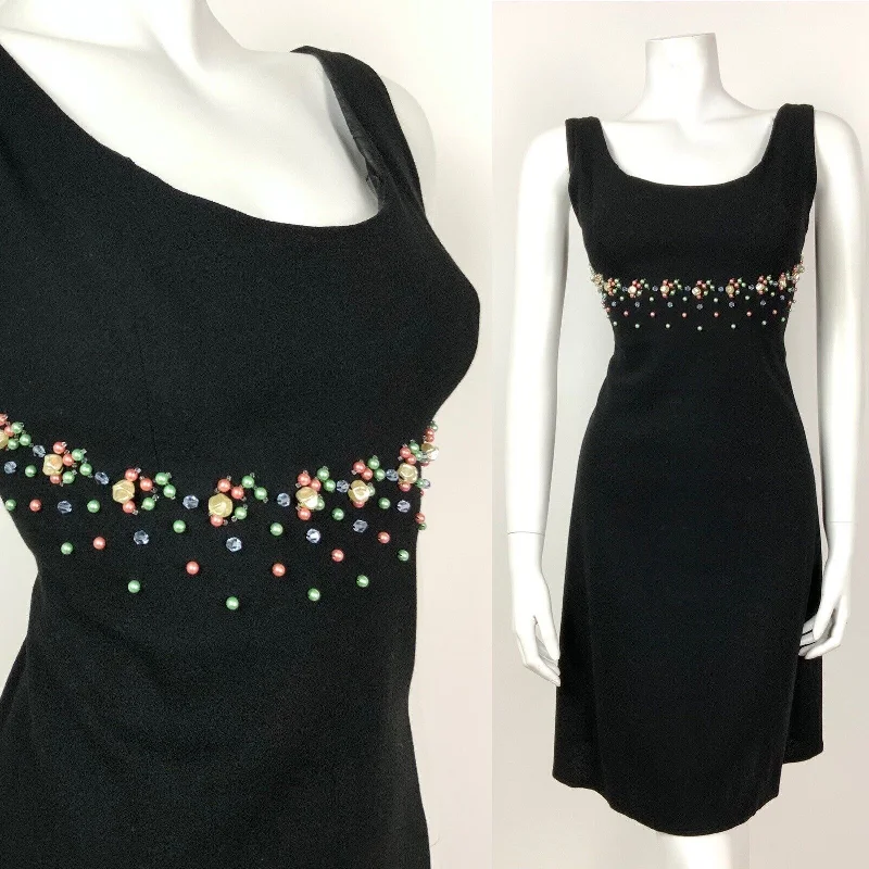 VINTAGE 60s 70s BLACK PINK GREEN BLUE PEARL BEADED EMPIRE LINE PARTY DRESS 8 10 Pencil Length Work VINTAGE 60s 70s BLACK PINK GREEN BLUE PEARL BEADED EMPIRE LINE PARTY DRESS 8 10 Pencil Length Work