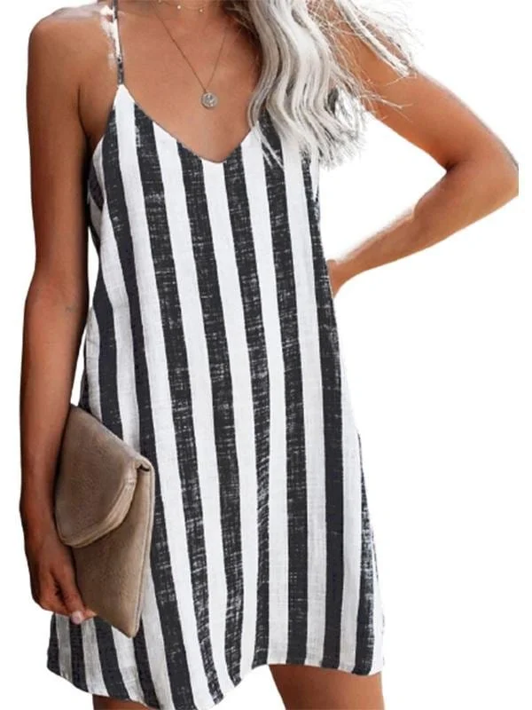 Mini Dress with Stylish Striped Print Suspenders Stylish Button-Down Mini Dress