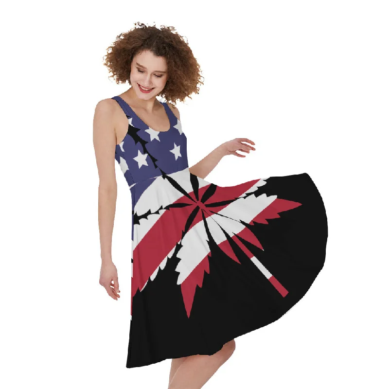 American Cannabis Leaf Flag Print Sleeveless Knee Length Dress Shift Classic Vintage American Cannabis Leaf Flag Print Sleeveless Knee Length Dress Shift Classic Vintage