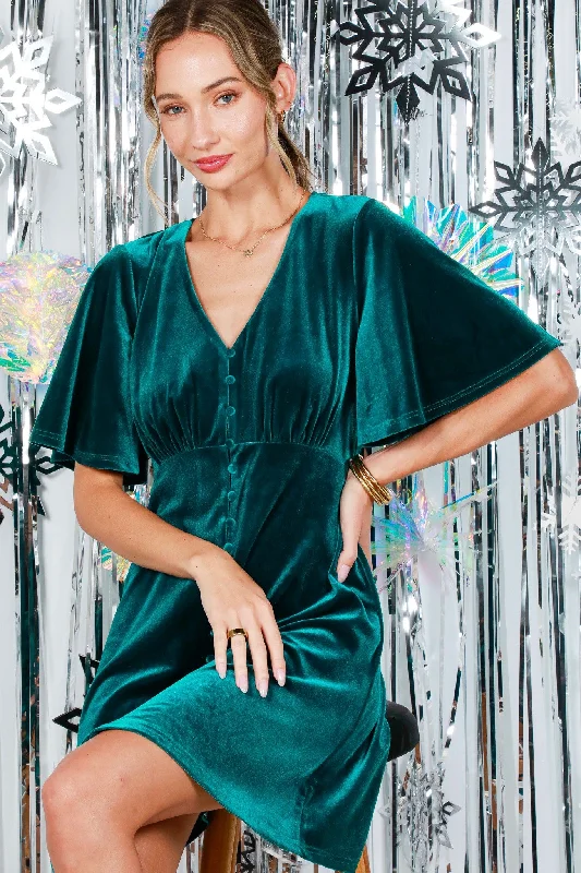 Short Ruffle Sleeve Velvet Mini Dress - Teal Fashionable Lace Mini Dress