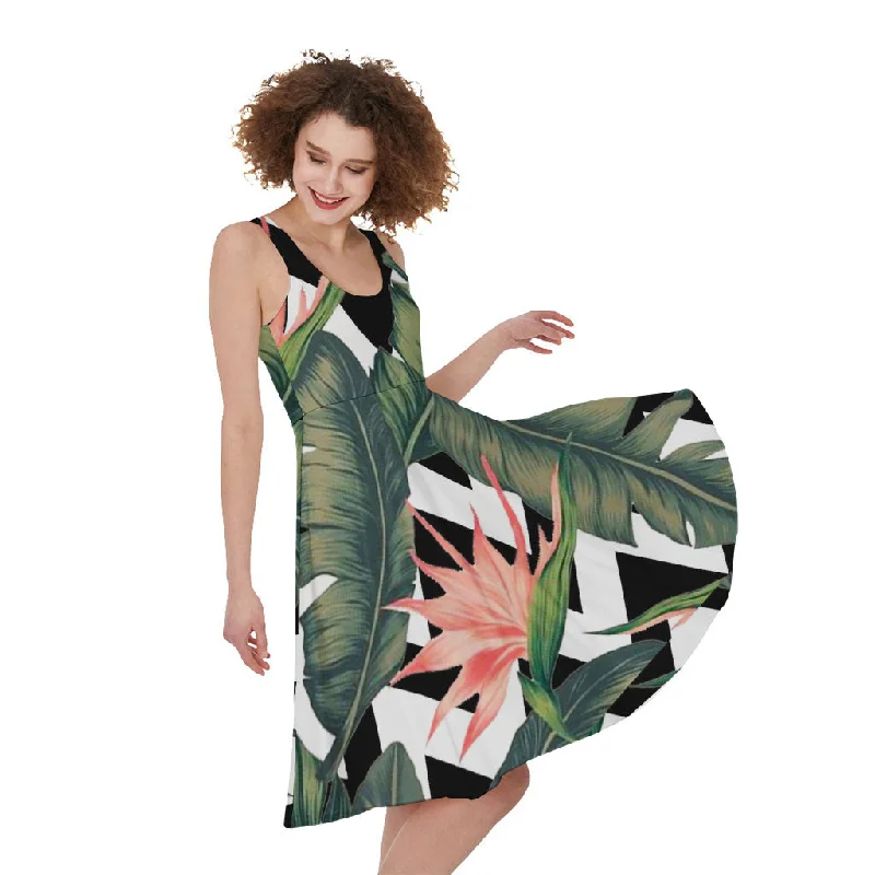 Zig Zag Tropical Pattern Print Sleeveless Knee Length Dress Tunics Versatile all-occasion Zig Zag Tropical Pattern Print Sleeveless Knee Length Dress Tunics Versatile all-occasion
