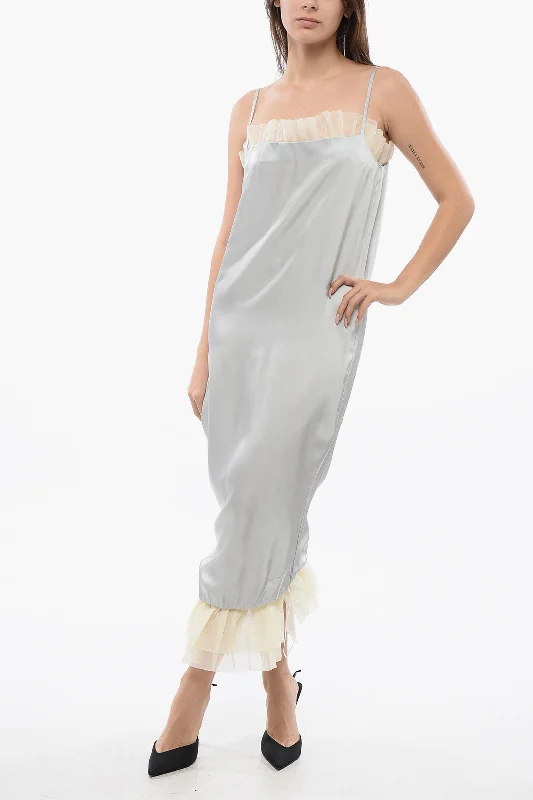 Off-White Satin UPSIDE DOWN Dress with Chiffon Flounces Off-the-shoulder Chic Trendy Off-White Satin UPSIDE DOWN Dress with Chiffon Flounces Off-the-shoulder Chic Trendy