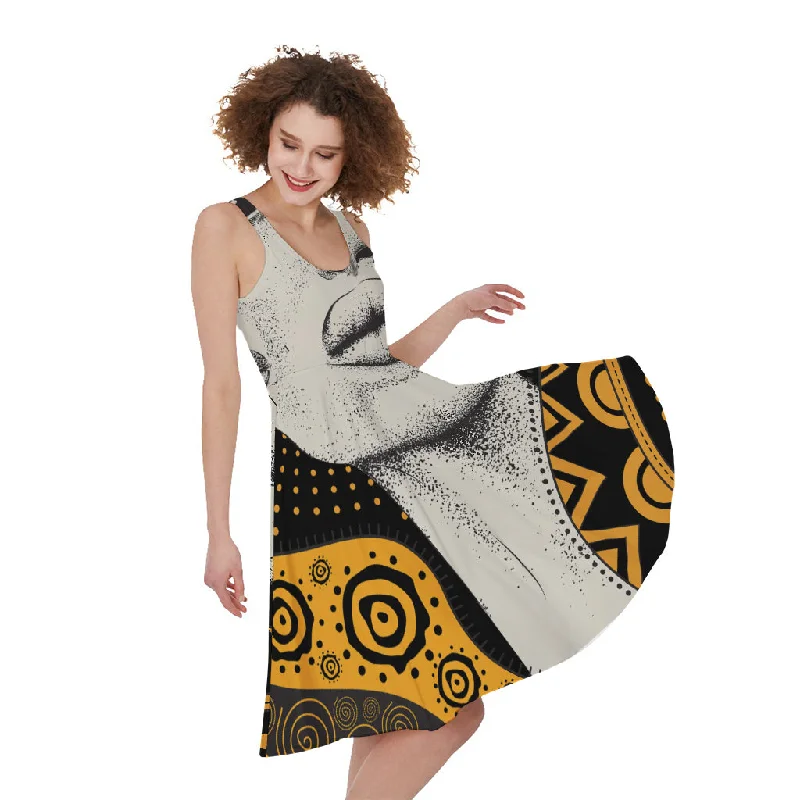 African Woman Print Sleeveless Knee Length Dress Tunics Summer linen