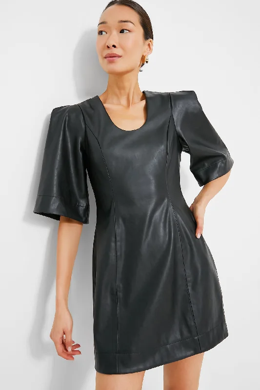 Black Leather Ariella Dress Crew Neckline Casual