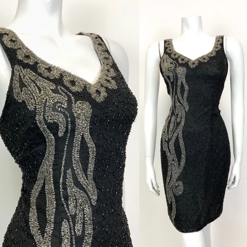 VINTAGE 70s 80s BLACK GREY SILVER BEADED SEQUIN STUDIO 54 GLAM PARTY DRESS 12 High-Low Hemline Casual VINTAGE 70s 80s BLACK GREY SILVER BEADED SEQUIN STUDIO 54 GLAM PARTY DRESS 12 High-Low Hemline Casual
