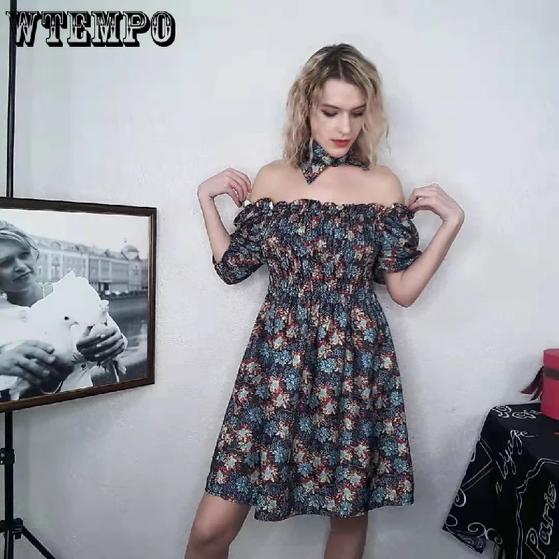 Bohemian Unique Design Woman Summer Retro Floral Dress Elastic Waist Puff Sleeve Pleated Sexy Off-shoulder Party Dress Glittery Long Formal