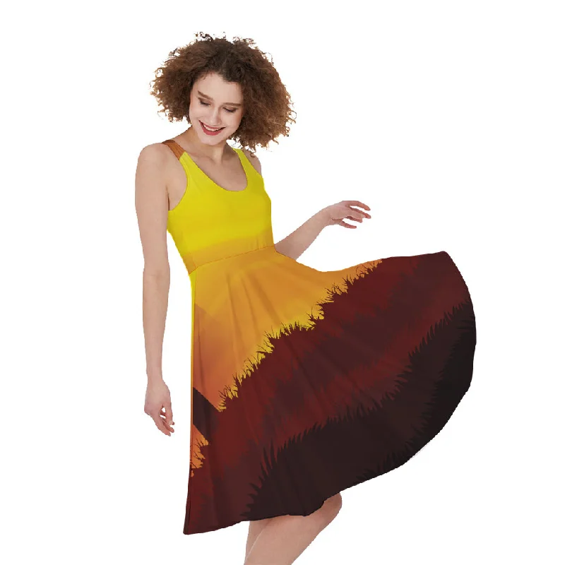 African Savanna Sunset Print Sleeveless Knee Length Dress Tunics Chic fashionable
